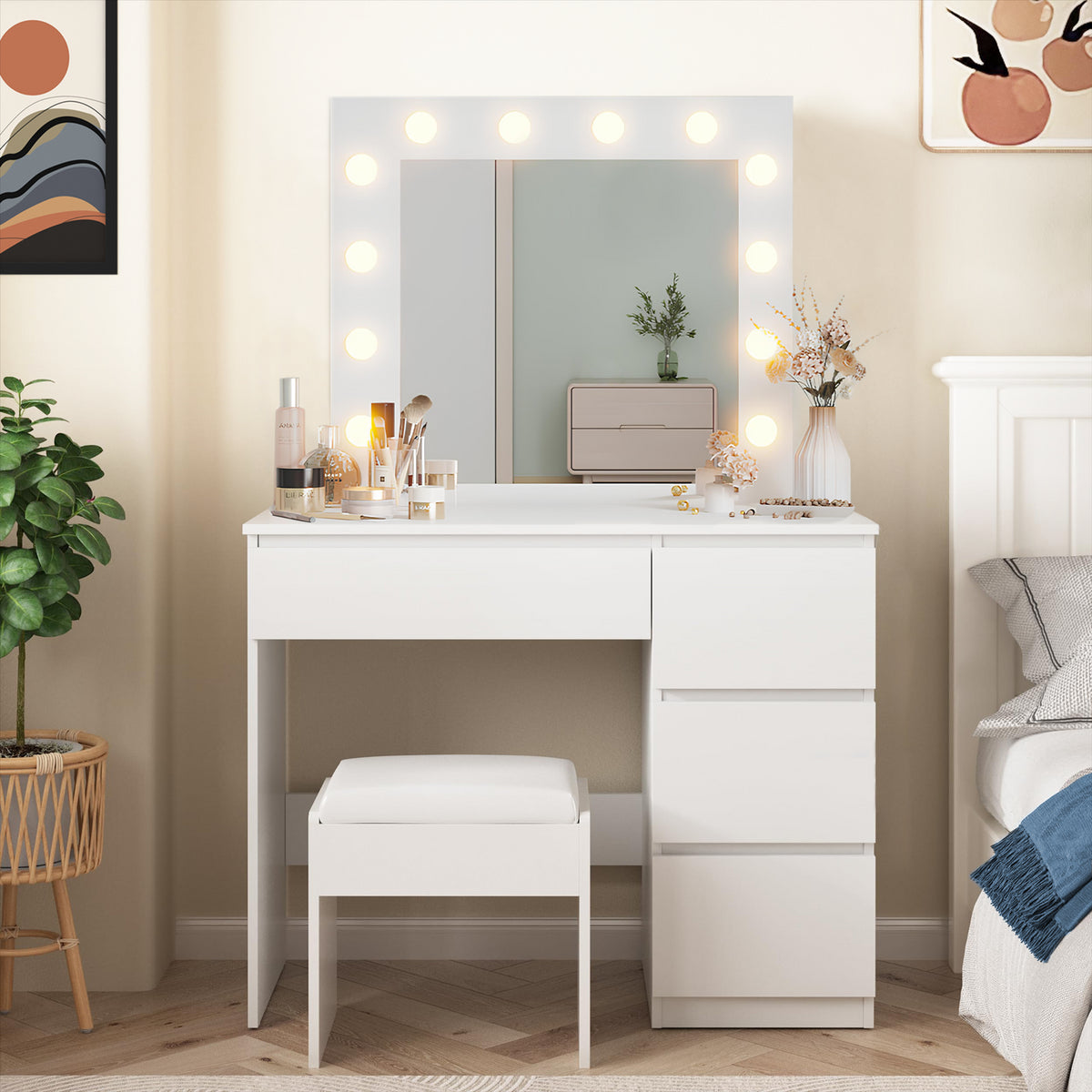 White Dressing Table Hollywood LED Mirror Makeup Desk Vanity Table Bedroom Furniture