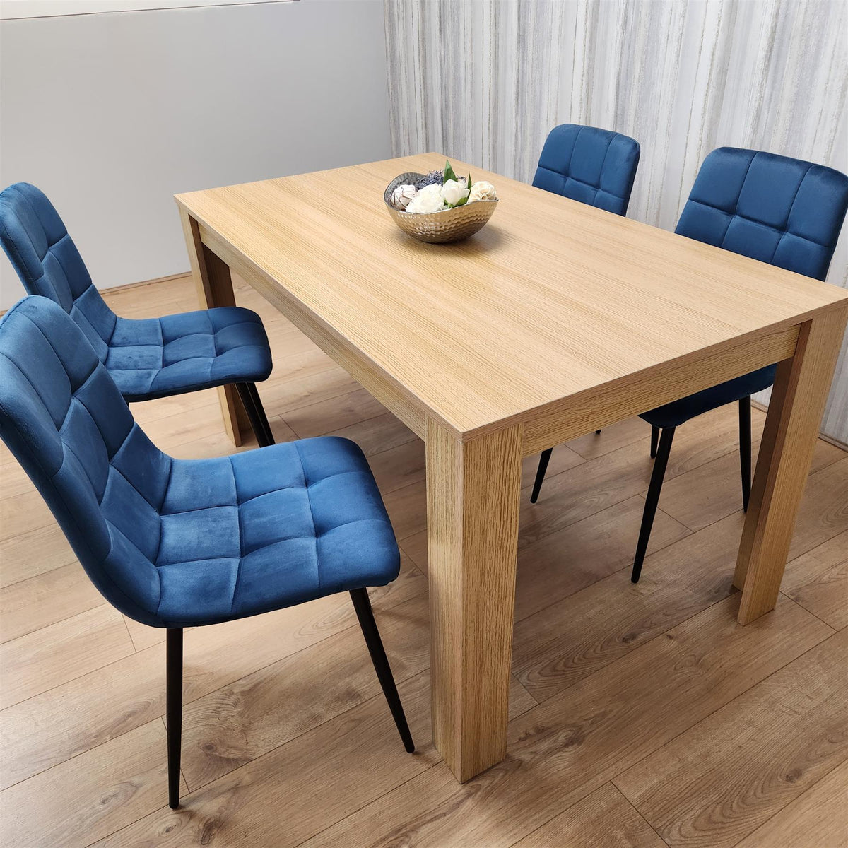 Dining Set of 4 Dining Table and 4 Blue Velvet Chairs Dining Room Furniture