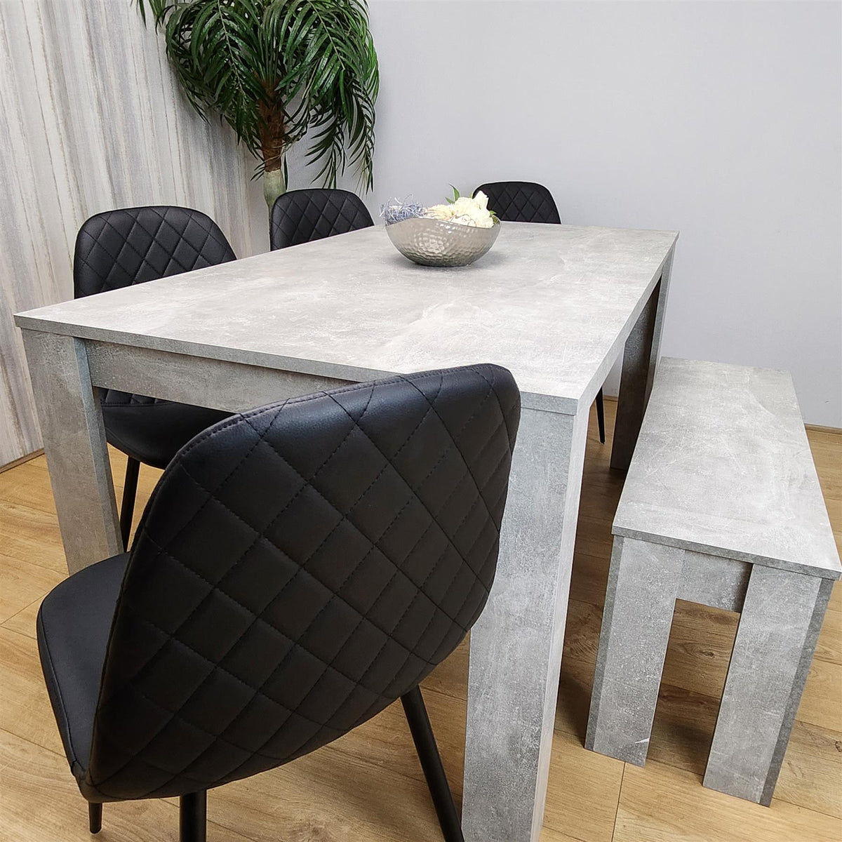 Dining Table and 4 Chairs With Bench Stone Grey Effect Wood Table 4 Black Leather Chairs Dining Room