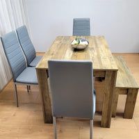 Wooden Dining Table Set for 6 Rustic Effect Table With 4 Grey Leather Chairs and 1 Bench