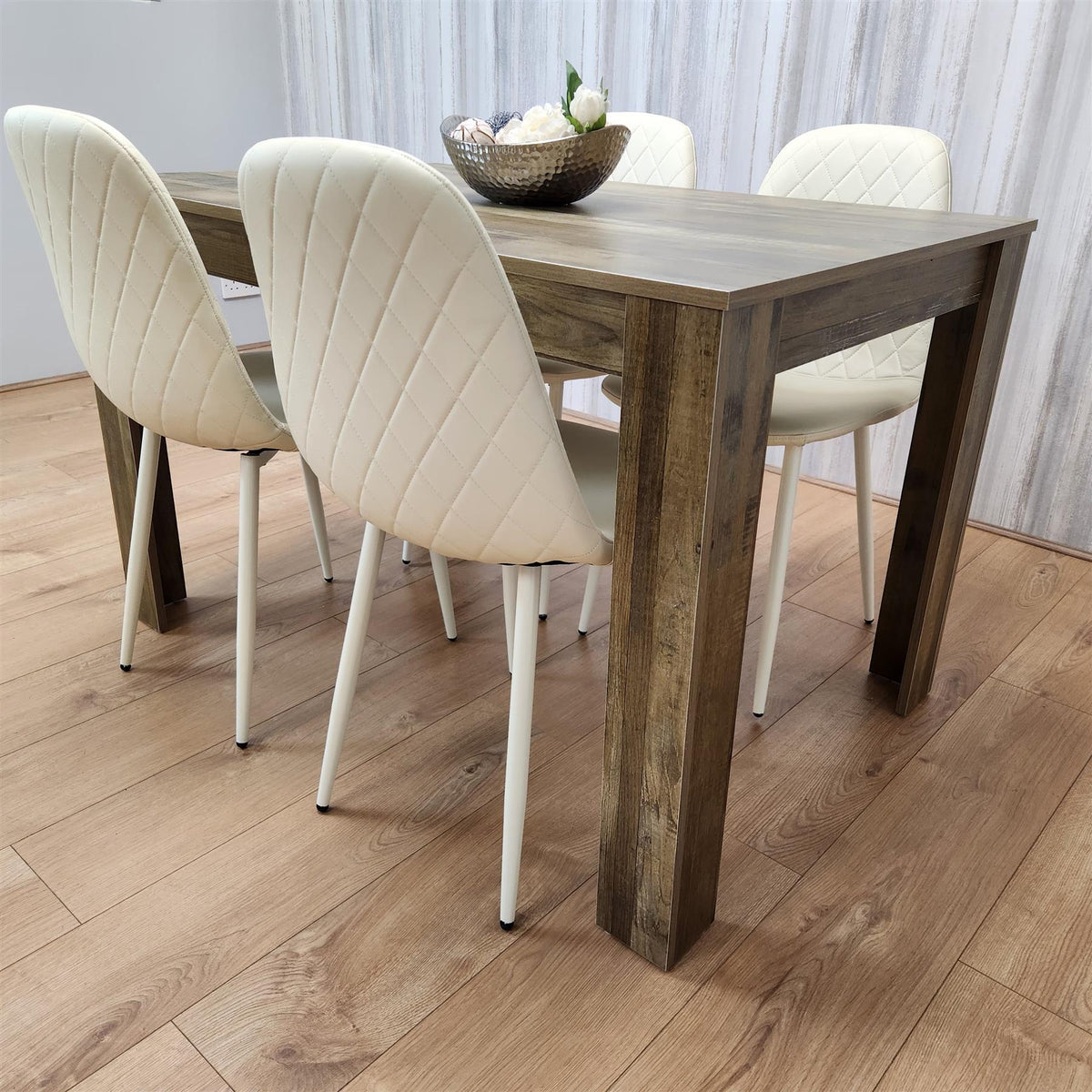 Wooden Dining Table with 4 Cream Gem Patterned Chairs Rusteic Effect Table with Cream Chairs