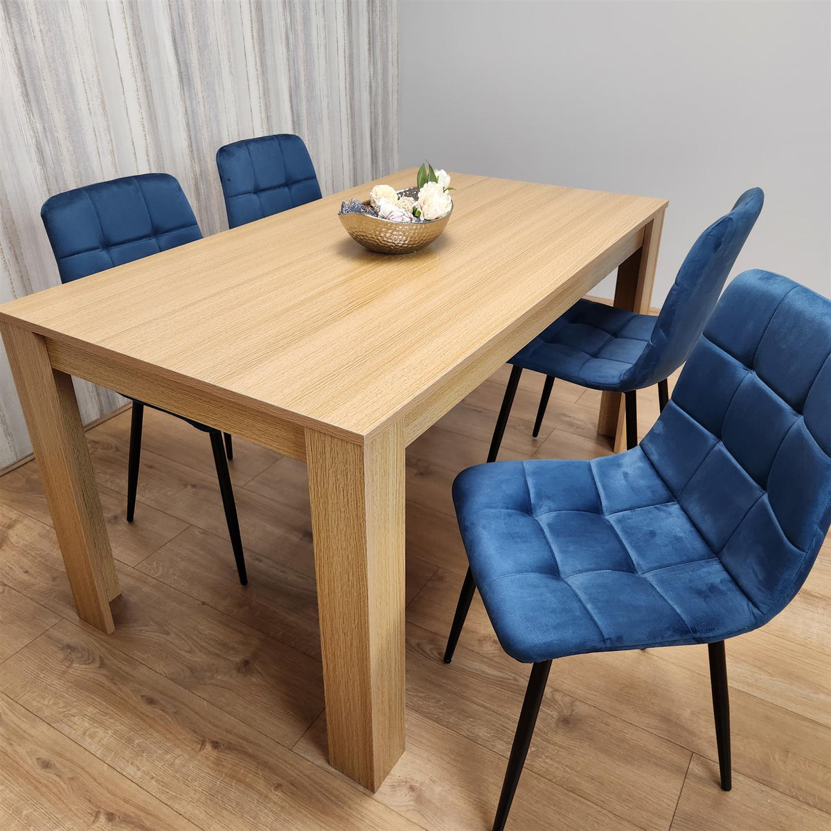 Dining Set of 4 Dining Table and 4 Blue Velvet Chairs Dining Room Furniture