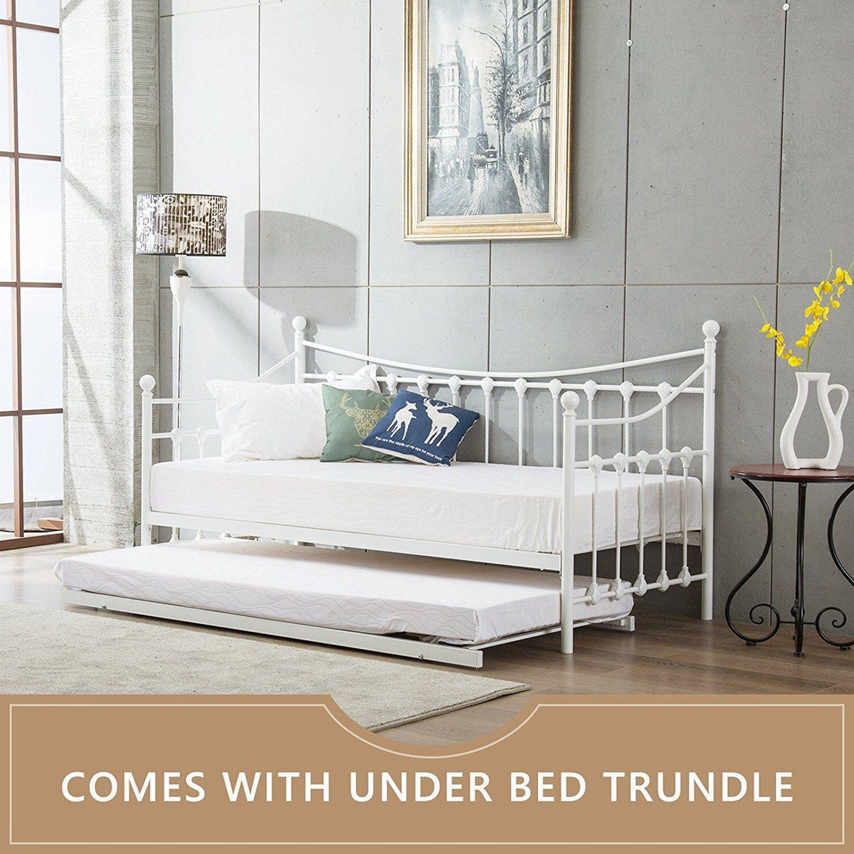 Daybed With Trundle white 3ft single twin bed and 2 spring mattresses pull out metal guest room bedroom living room