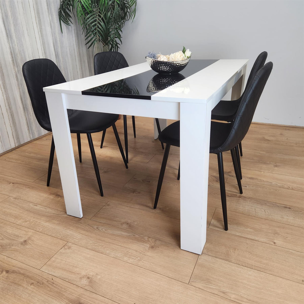 Dining White Black Wood Table and 4 Leather Black Chairs Dining Room Set