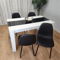 Dining White Black Wood Table and 4 Leather Black Chairs Dining Room Set