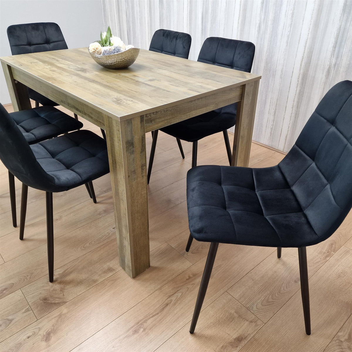 Dining Table and 6 Chairs Rustic Effect Wood Table 6 Black Velvet Chairs Dining Room