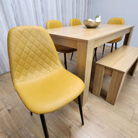 Wooden Dining Table Set for 6 Oak Effect Table With 4 Mustard Gem Patterned  Chairs and 1 Bench