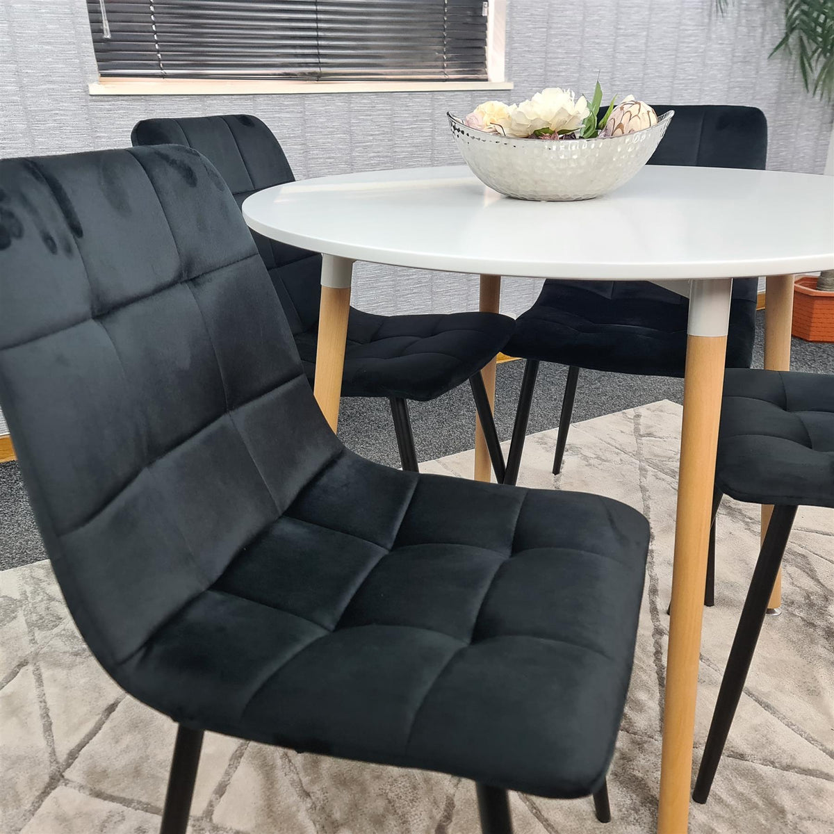 Dining Table and 4 Chairs  White Round Wood Table 4 Black Velvet Chairs Dining Room Furniture