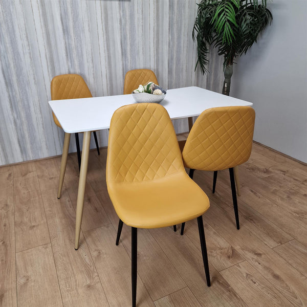 Wooden Dining Table with 4 Mustard Gem Patterned Chairs White Table with Mustard Chairs