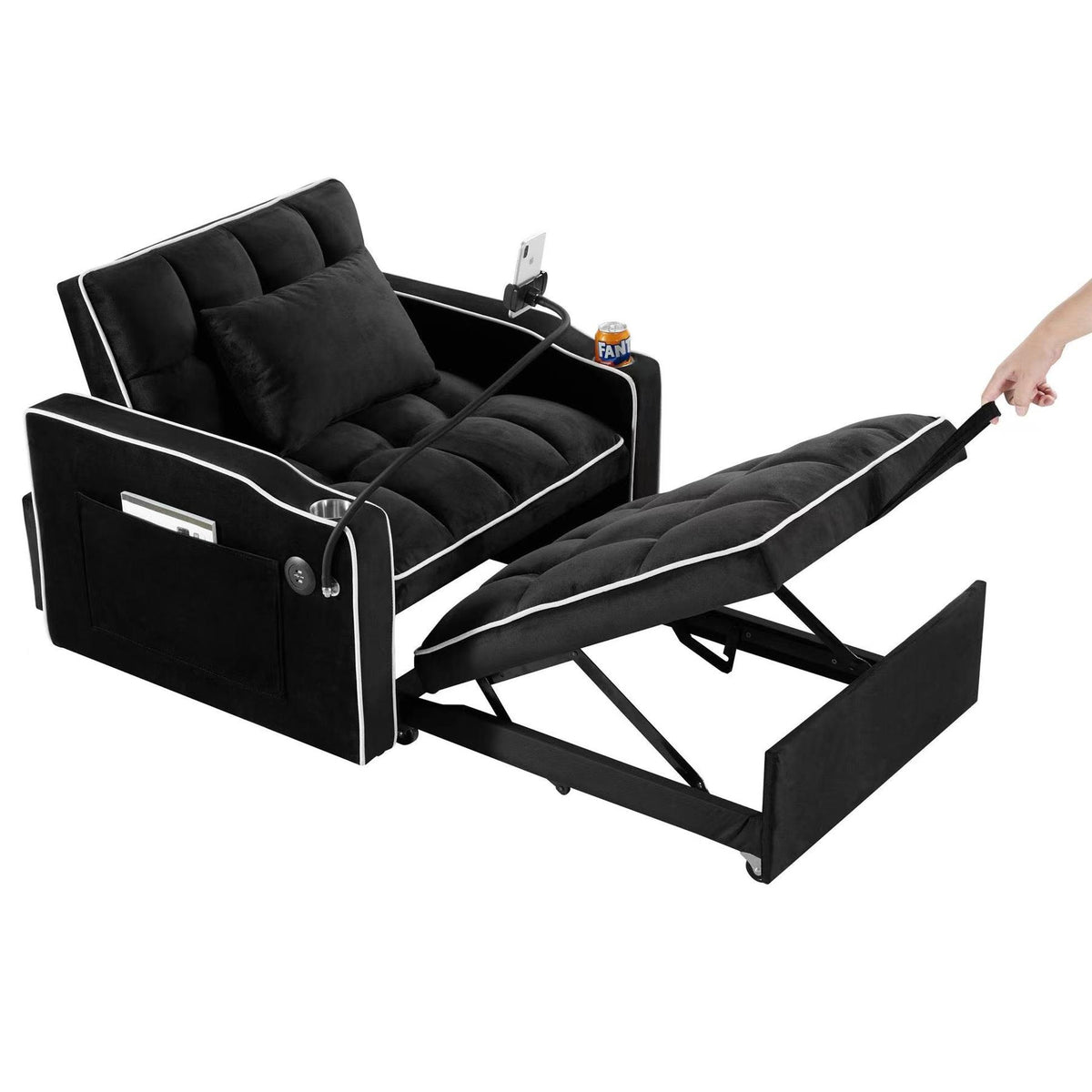 3-in-1 Convertible Sofa Bed Sleeper Chair with Adjustable Backrest, USB Charging & Cup Holder for Small Spaces