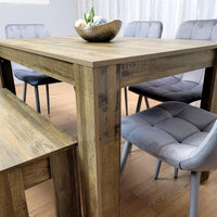 Wooden Dining Table Set for 6 Rustic Effect Table With 4 Grey Velvet Chairs and 1 Bench