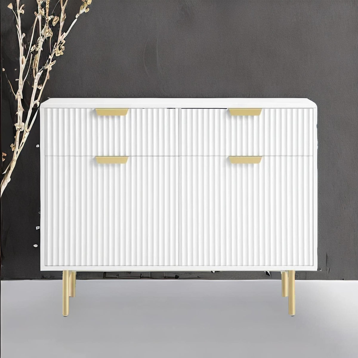 Modern White Bedroom Side Cabinet with Gold Metal Legs and Handles – Elegant Storage Console for Bedroom & Living Room