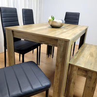 Wooden Dining Table Set for 6 Rustic Effect Table With 4 Black Leather Chairs and 1 Bench