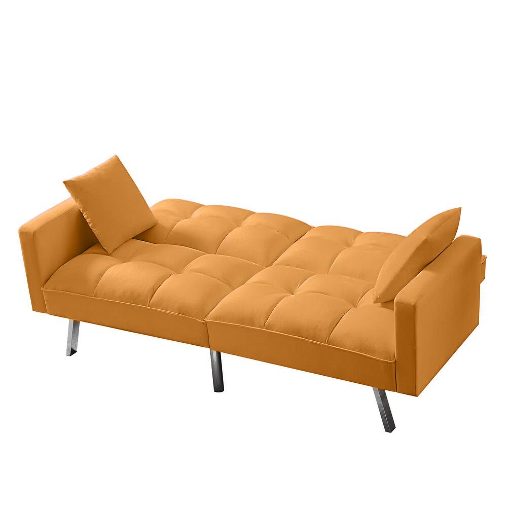 Sofa Bed 2 Seater Mustard Velvet Click Clack Sofa Settee Recliner Couch with Metal Legs with 2 Pillows