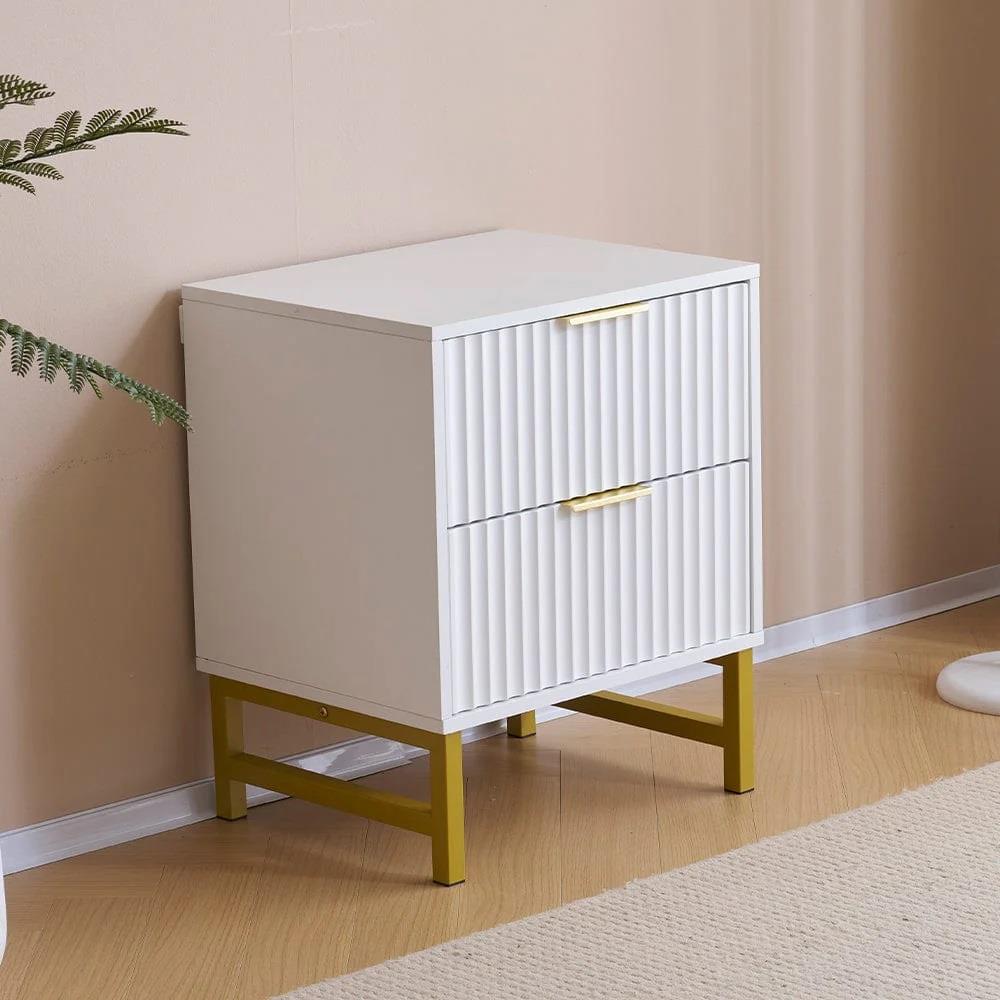 Modern White Bedside Table with 2 Drawers and Gold Metal Legs – Elegant Storage Solution for Bedroom