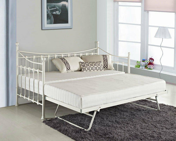 Daybed With Trundle white 3ft single twin bed and 2 spring mattresses pull out metal guest room bedroom living room