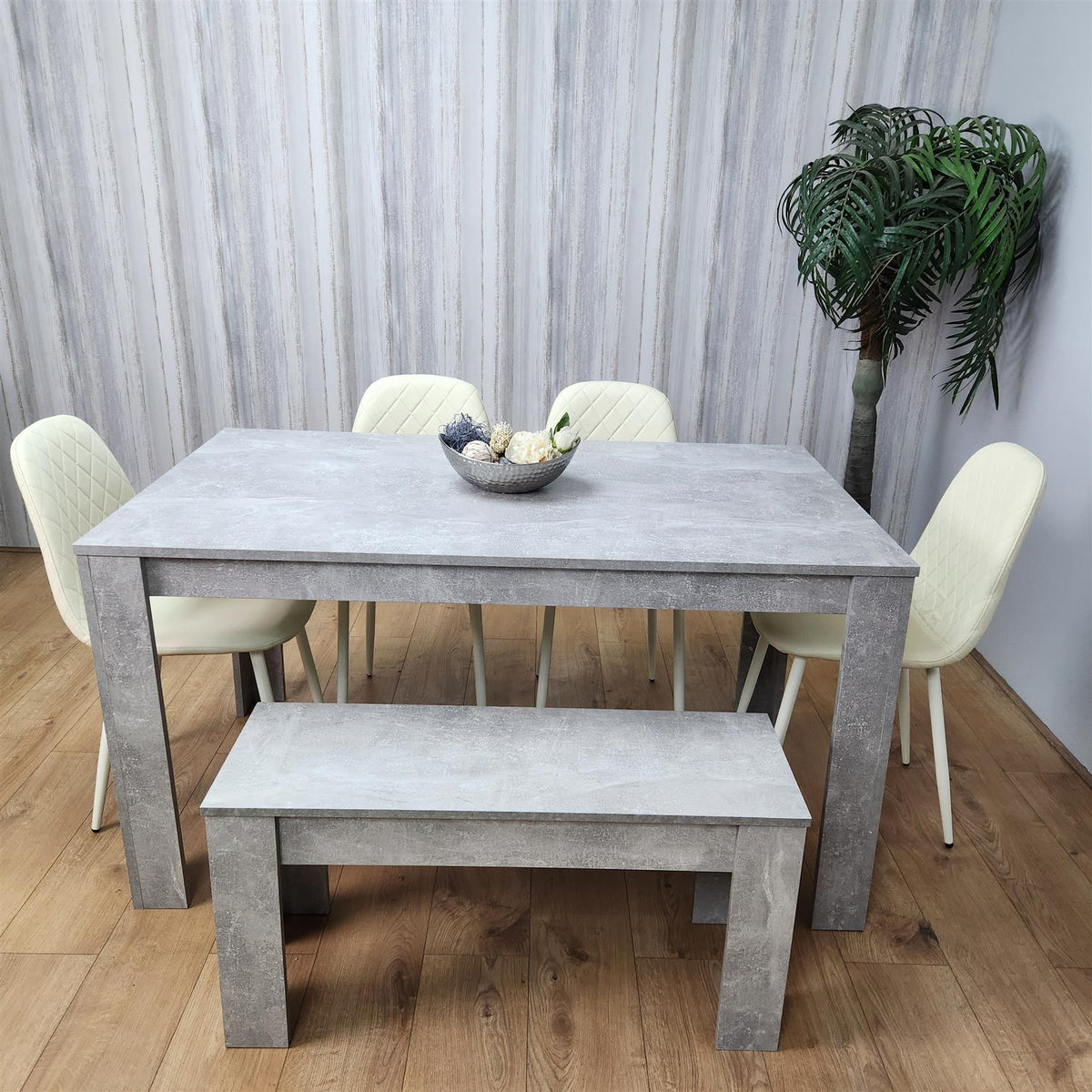 Wooden Rectangle Dining Table Sets with Set of 4 Chairs, a Bench, Grey and Cream