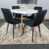 Dining Table and 4 Chairs  White Round Wood Table 4 Black Velvet Chairs Dining Room Furniture