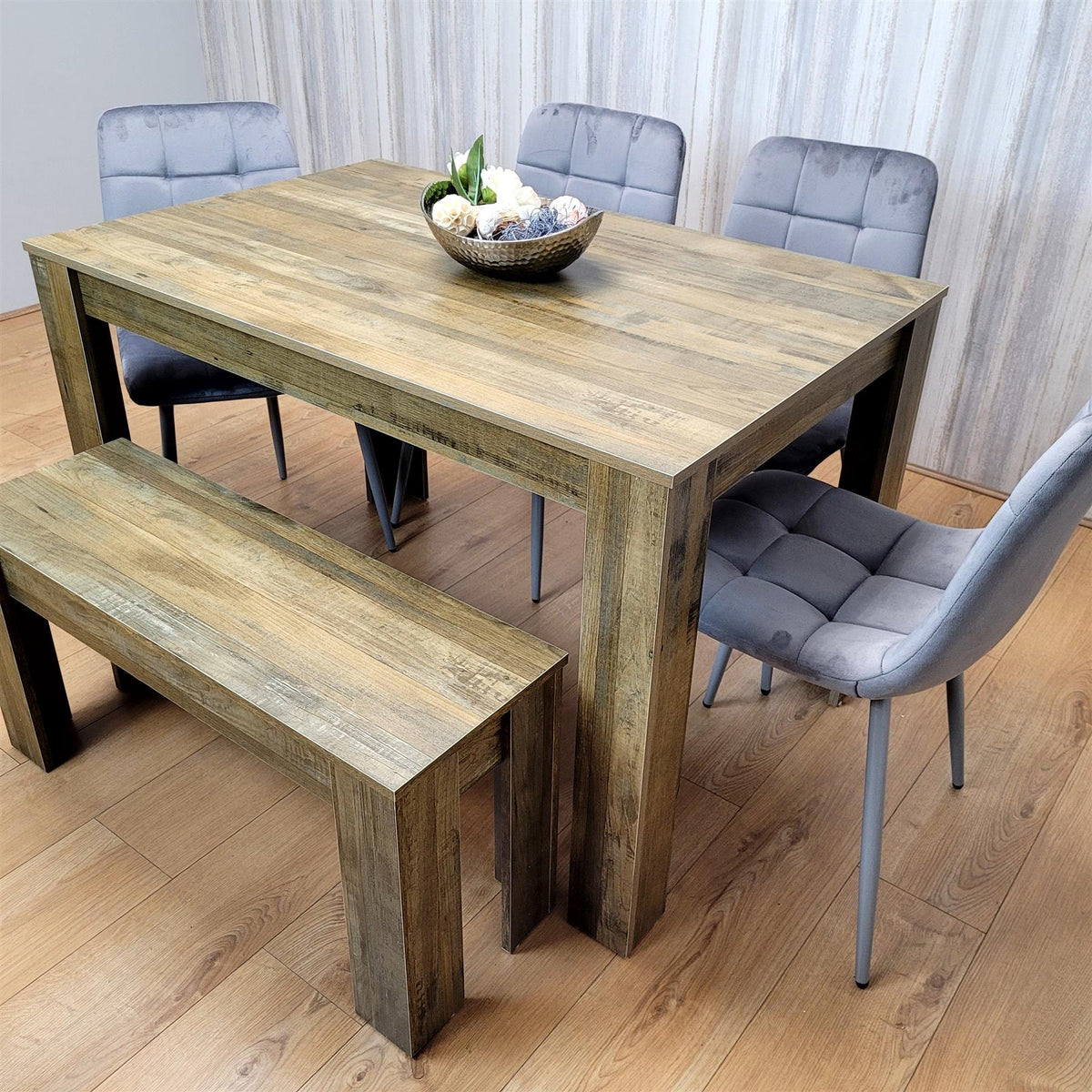 Wooden Dining Table Set for 6 Rustic Effect Table With 4 Grey Velvet Chairs and 1 Bench