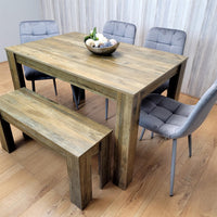 Wooden Dining Table Set for 6 Rustic Effect Table With 4 Grey Velvet Chairs and 1 Bench