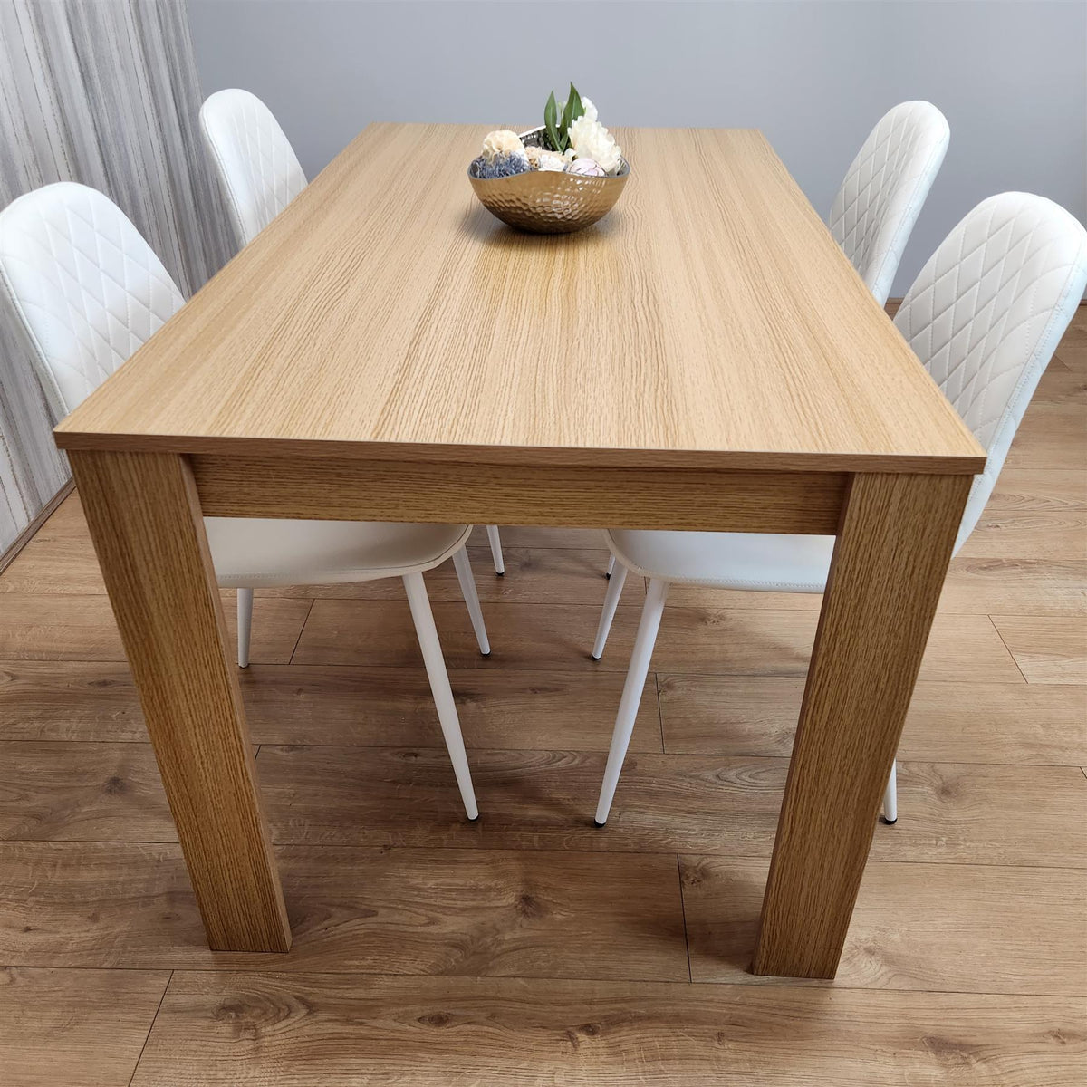 Wooden Dining Table with 4 white Gem Patterned Chairs Oak Effect Table with white Chairs