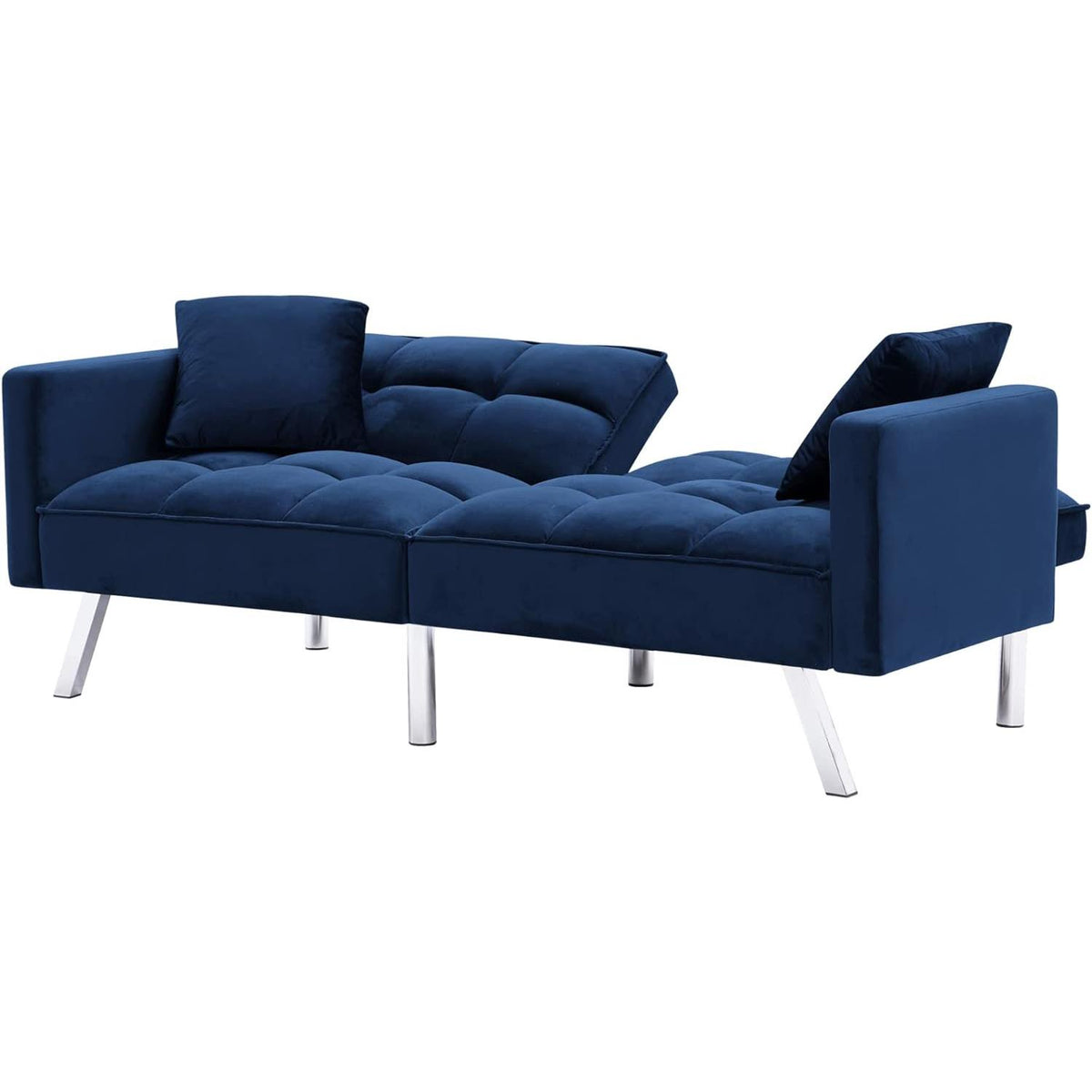 Sofa Bed 2 Seater Blue Velvet Click Clack Sofa Settee Recliner Couch with Metal Legs 2 Pillows