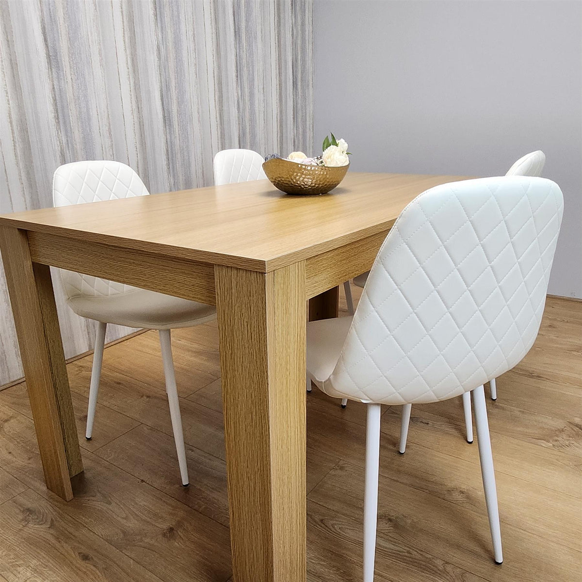 Wooden Dining Table with 4 white Gem Patterned Chairs Oak Effect Table with white Chairs