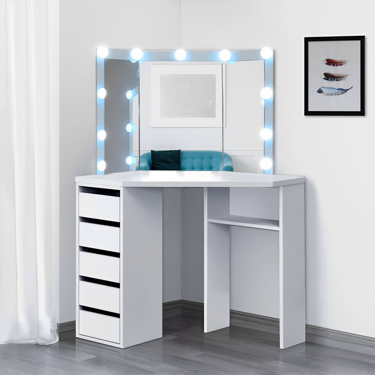 Corner Dressing Table with Mirror and Stool Makeup Vanity LED Mirror Lights Hollywood Table