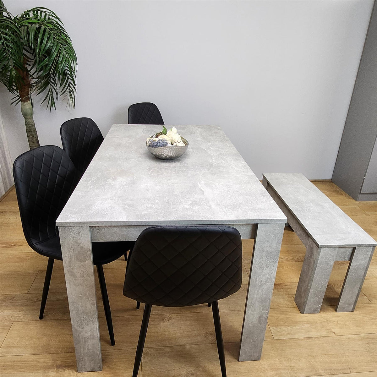 Dining Table and 4 Chairs With Bench Stone Grey Effect Wood Table 4 Black Leather Chairs Dining Room