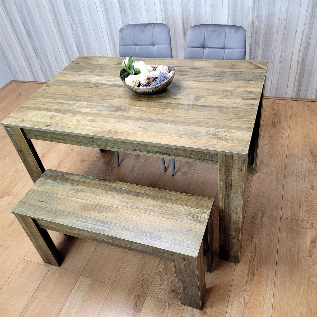 Dining Table Set for 4 Rustic Effect Dining Table With 2 Grey Velvet Chairs and 1 Matching Bench