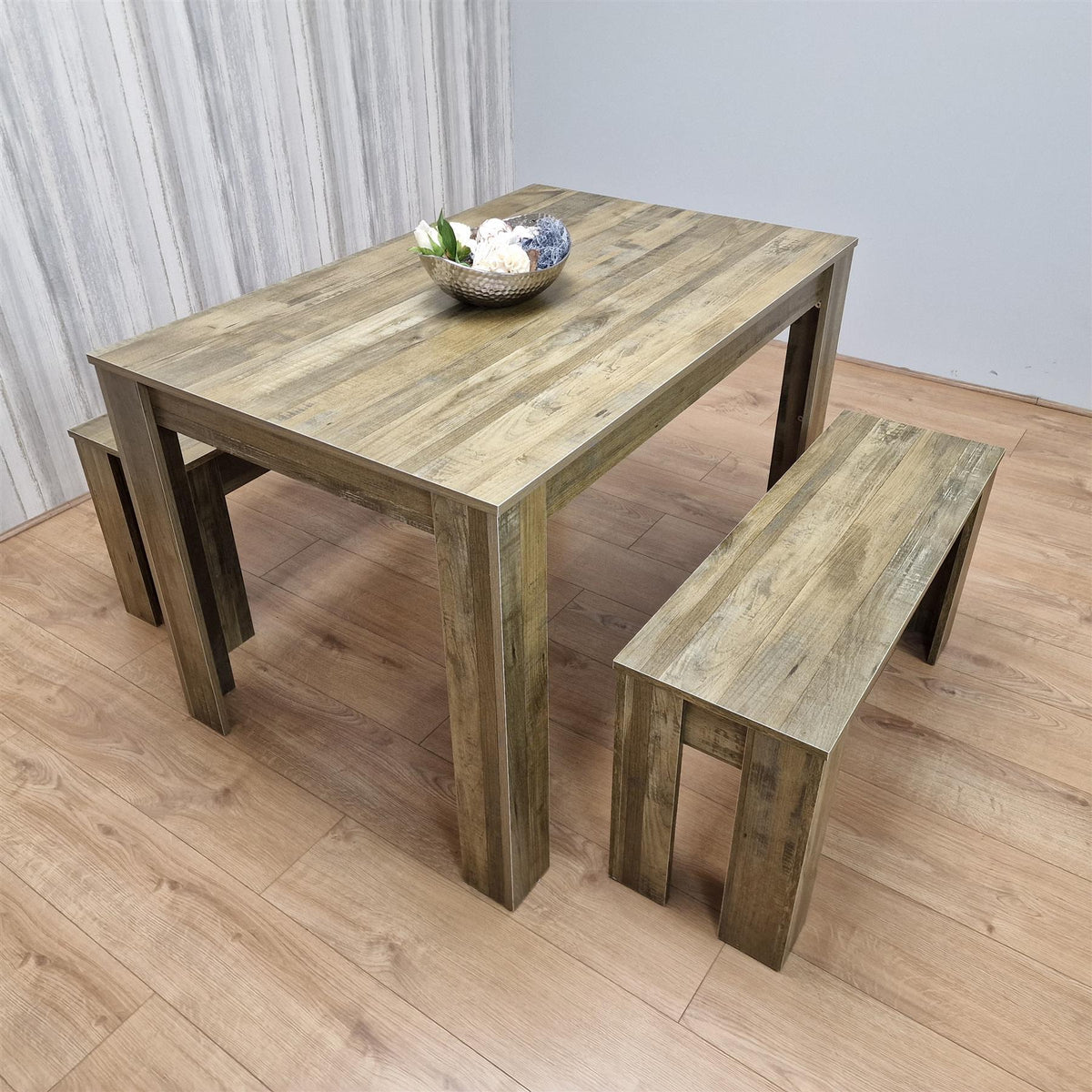 Dining Table and 2 Benches Rustic Effect Wood Table Rustic Benches Dining Room