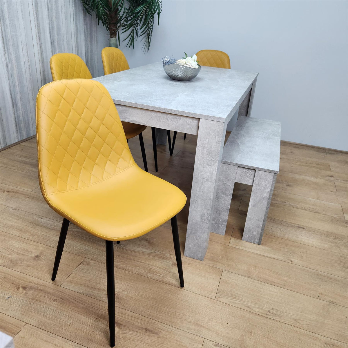 Wooden Rectangle Dining Table Sets with Set of 4 Chairs, Grey and Mustard