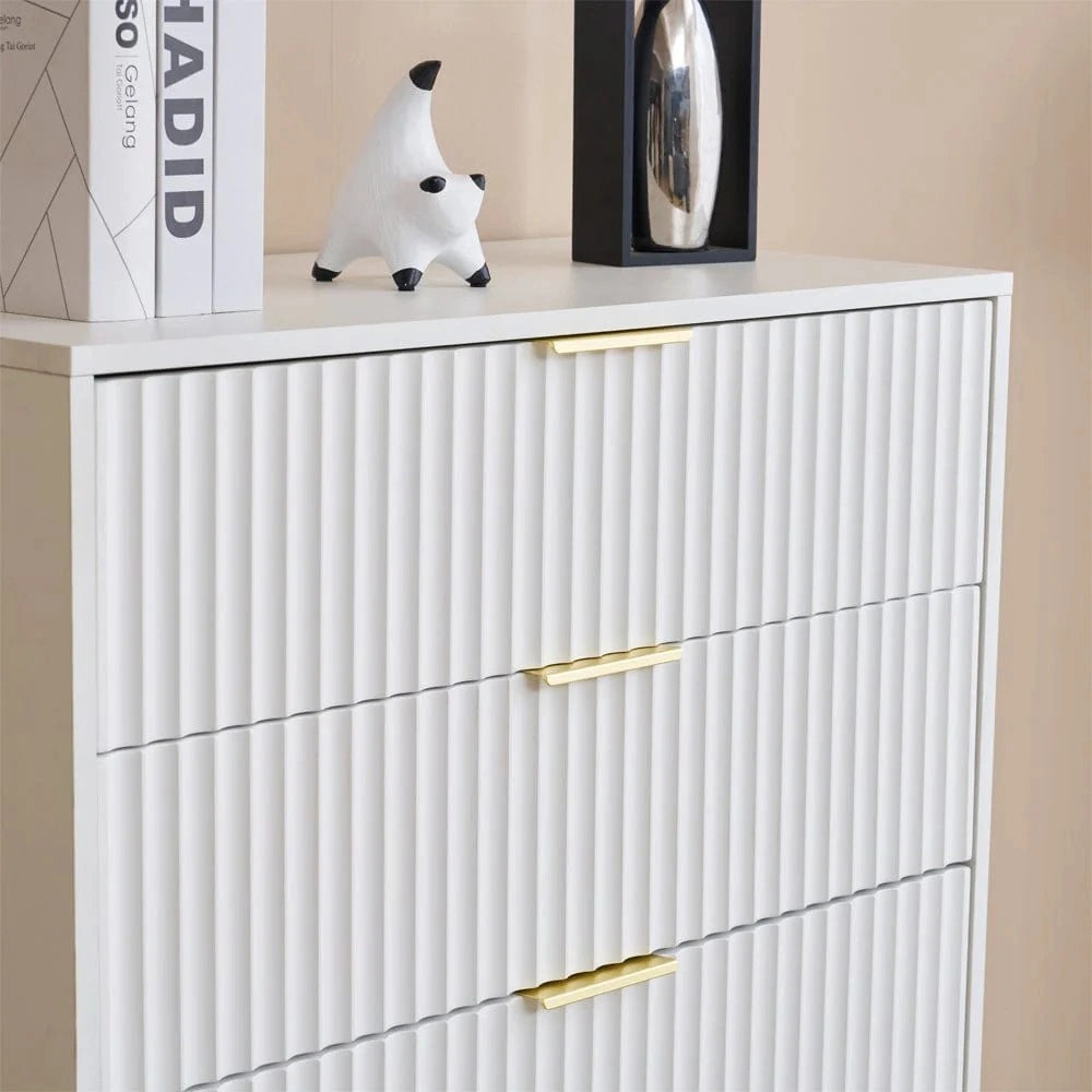 Modern White Chest of 5 Drawers with Gold Metal Legs and Handles – Stylish Storage Dresser for Bedroom & Living Room