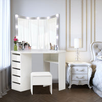 Corner Dressing Table with Mirror and Stool Makeup Vanity LED Mirror Lights Hollywood Table