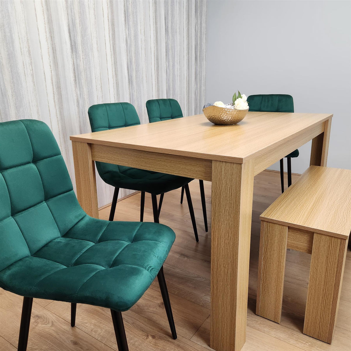 Wooden Dining Table Set for 6 Oak Effect Table With 4 Green Velvet Chairs and 1 Bench