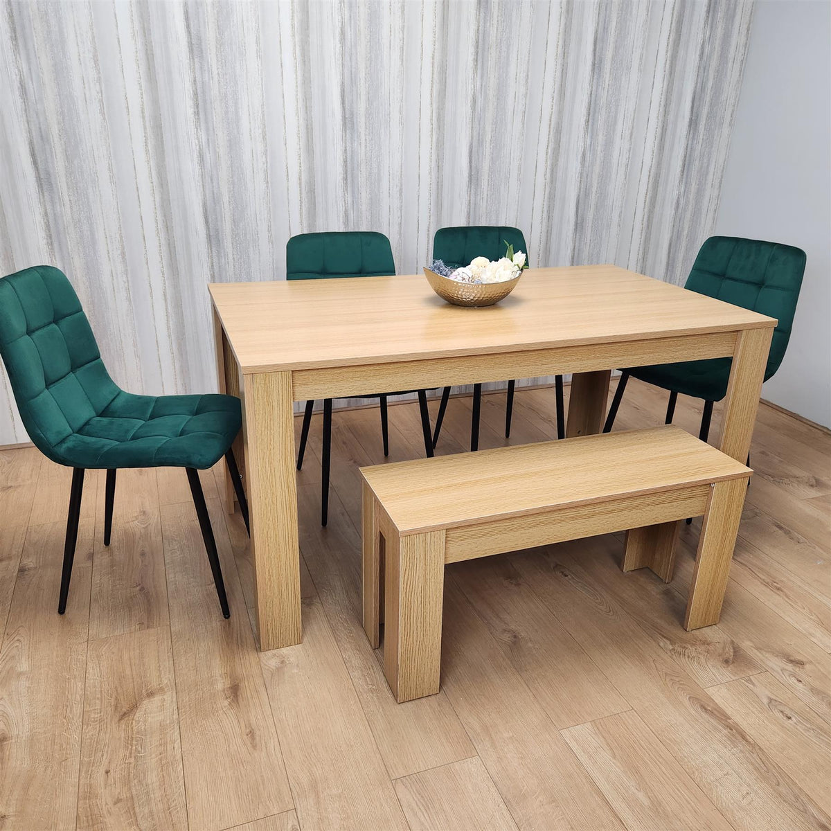 Wooden Dining Table Set for 6 Oak Effect Table With 4 Green Velvet Chairs and 1 Bench