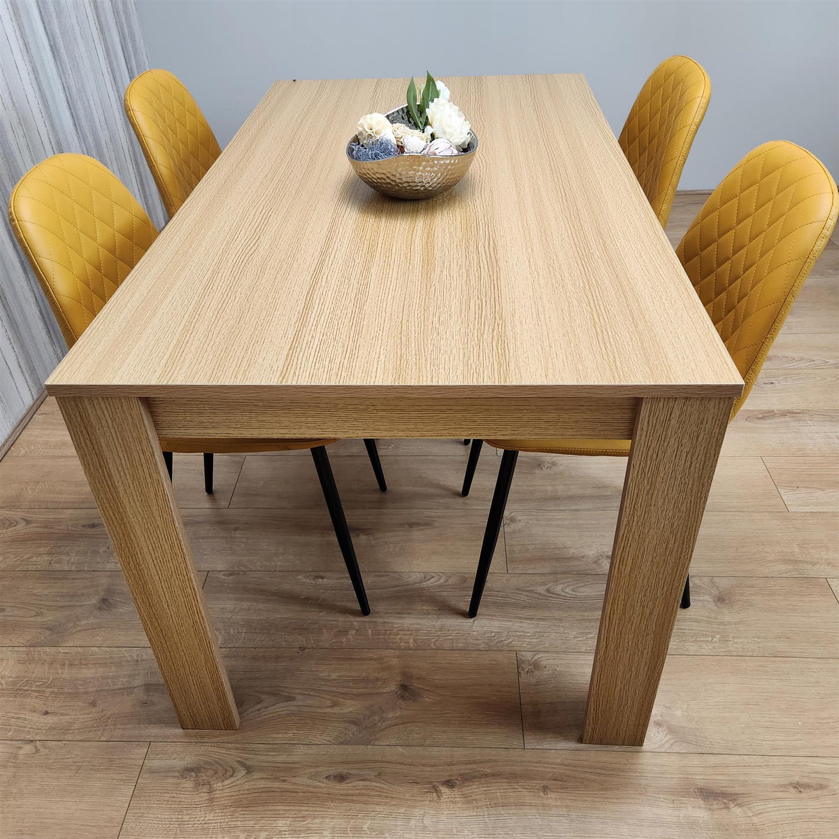 Dining Table and 4 Chairs Oak Effect Table with 4 Mustard Gem Patterned Chairs