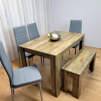 Wooden Dining Table Set for 6 Rustic Effect Table With 4 Grey Leather Chairs and 1 Bench