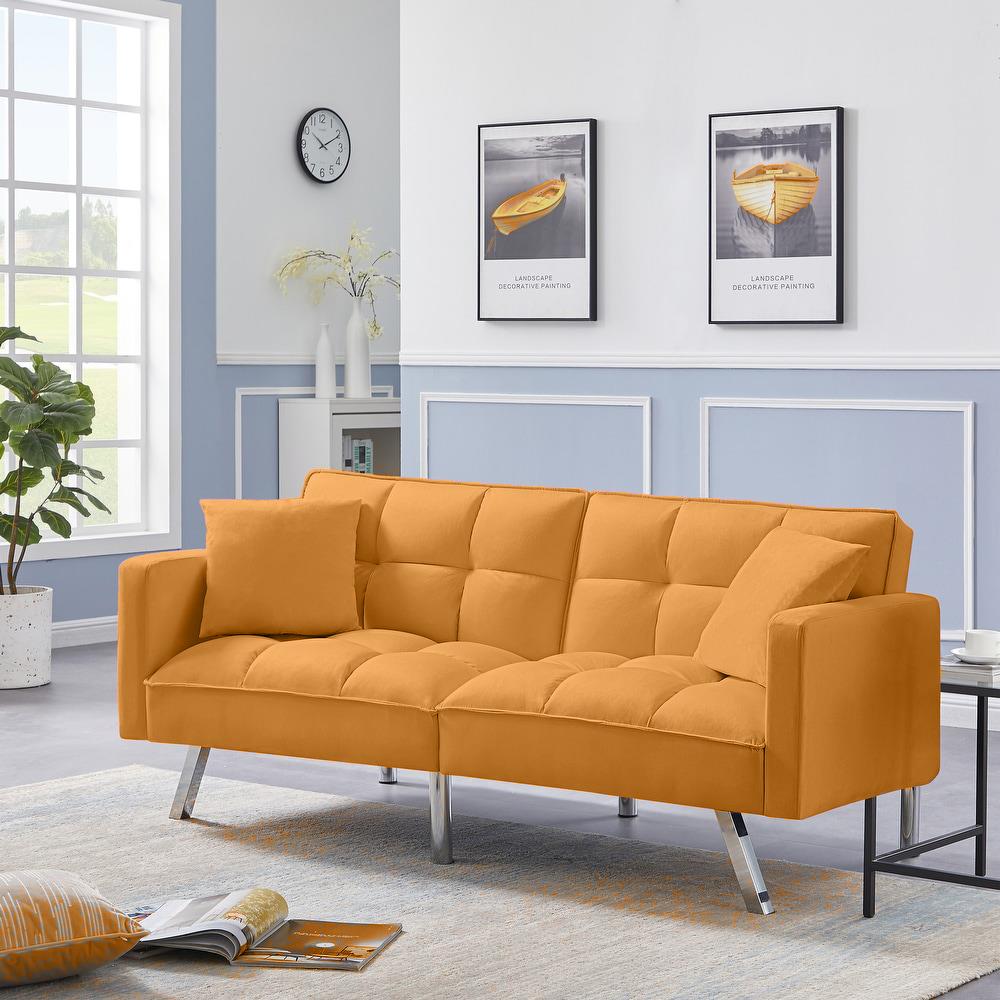 Sofa Bed 2 Seater Mustard Velvet Click Clack Sofa Settee Recliner Couch with Metal Legs with 2 Pillows