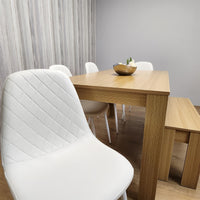 Wooden Dining Table Set for 6 Oak Effect Table With 4 White Gem Patterned  Chairs and 1 Bench