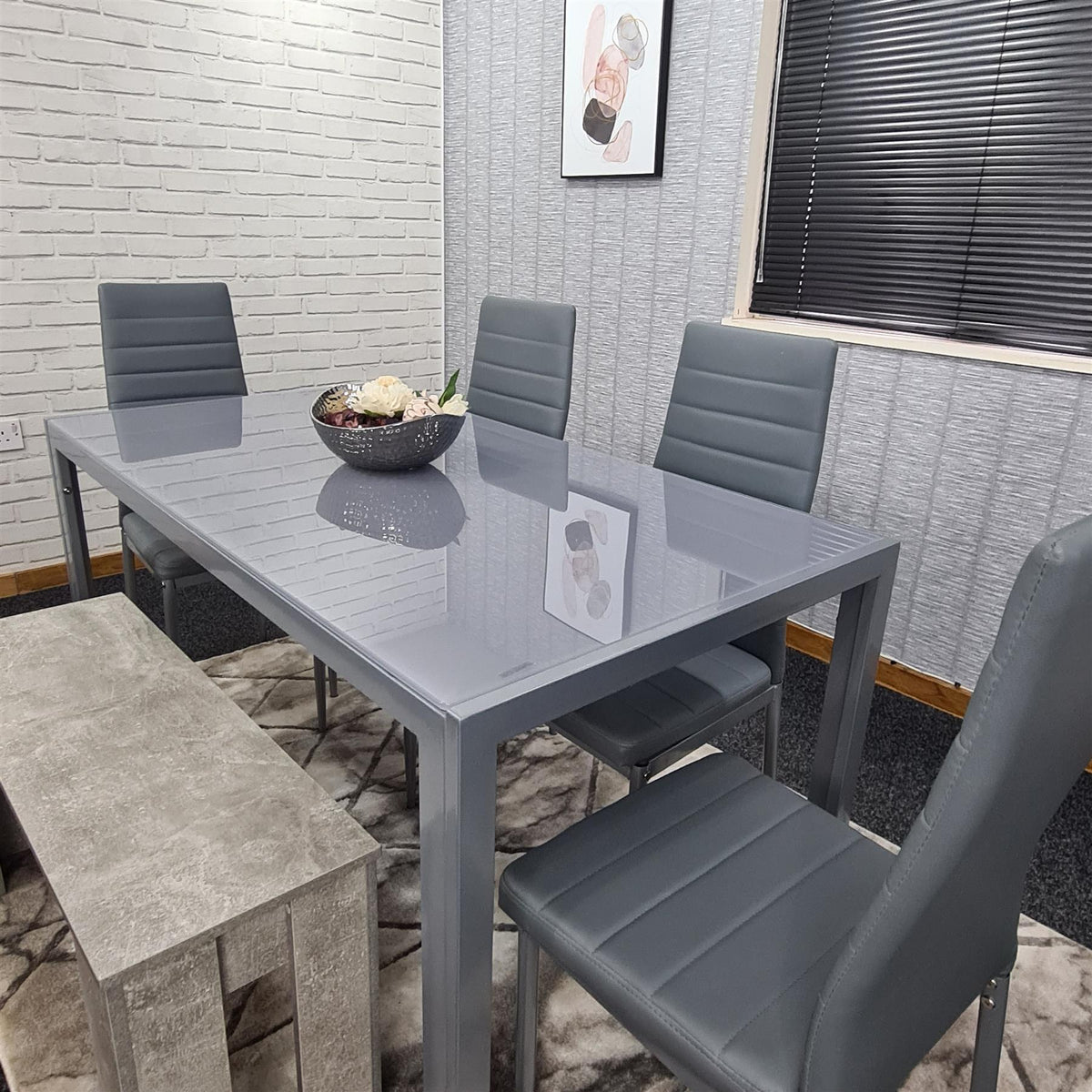 Dining Table Set with 4 Chairs, and a Bench Dining Room and Kitchen table set of 4, and Grey Bench