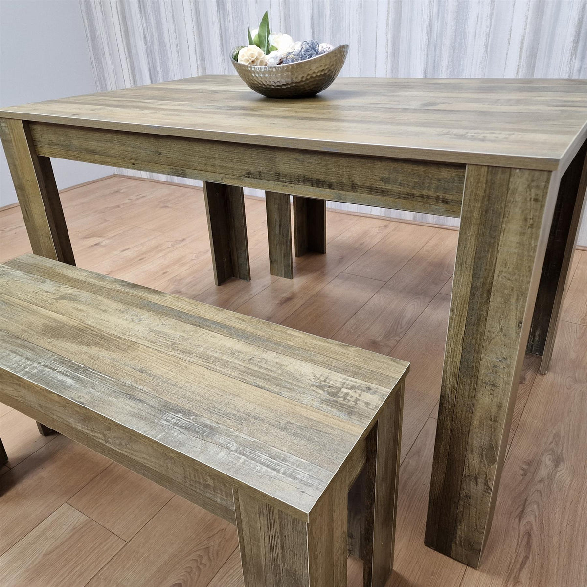 Dining Table and 2 Benches Rustic Effect Wood Table Rustic Benches Dining Room