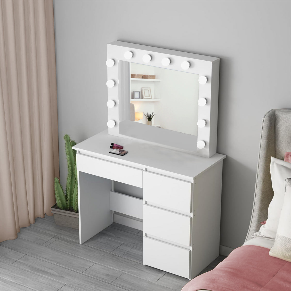 White Dressing Table Hollywood LED Mirror Makeup Desk Vanity Table Bedroom Furniture