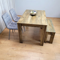 Dining Table Set for 4 Rustic Effect Dining Table With 2 Grey Velvet Chairs and 1 Matching Bench