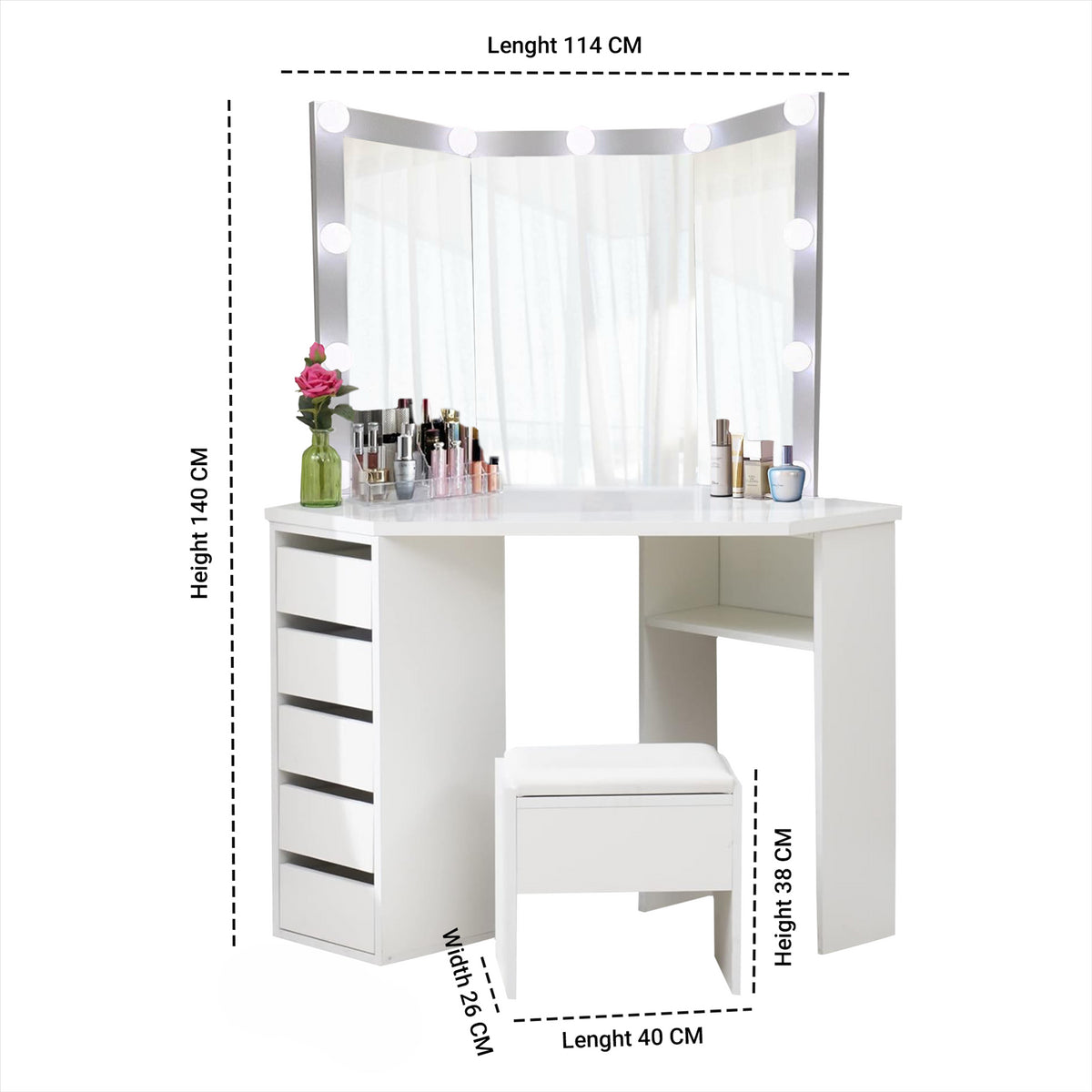 Corner Dressing Table with Mirror and Stool Makeup Vanity LED Mirror Lights Hollywood Table