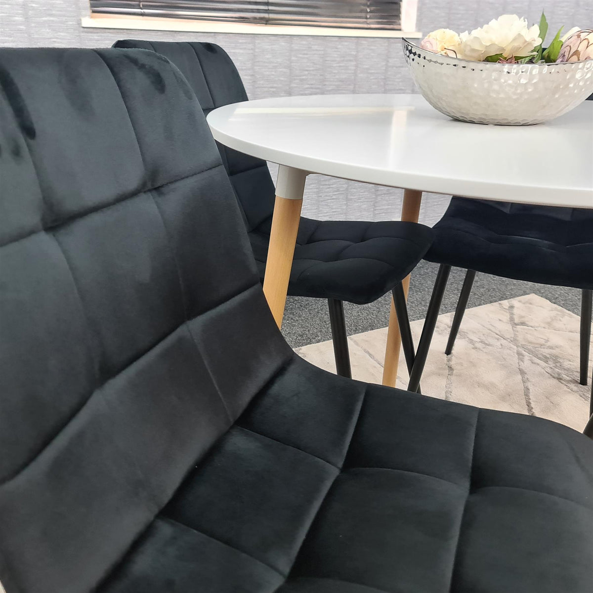 Dining Table and 4 Chairs  White Round Wood Table 4 Black Velvet Chairs Dining Room Furniture