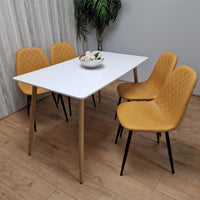 Wooden Dining Table with 4 Mustard Gem Patterned Chairs White Table with Mustard Chairs