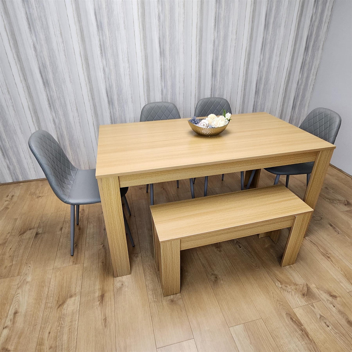 Wooden Dining Table Set for 6 Oak Effect Table With 4 Grey Gem Patterned  Chairs and 1 Bench